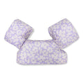 Colete de flutuação Swim Essentials com padrão de flores lilás, vista frontal.