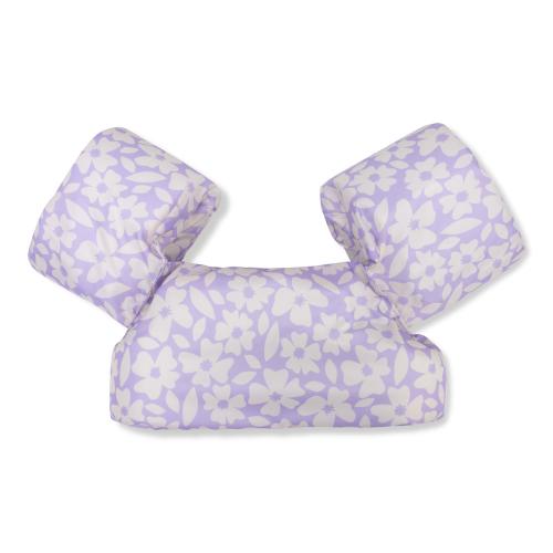 Colete de flutuação Swim Essentials com padrão de flores lilás, vista frontal.