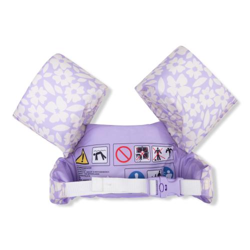 Colete de flutuação Swim Essentials com padrão de flores lilás, vista traseira, mostrando o sistema de fecho.