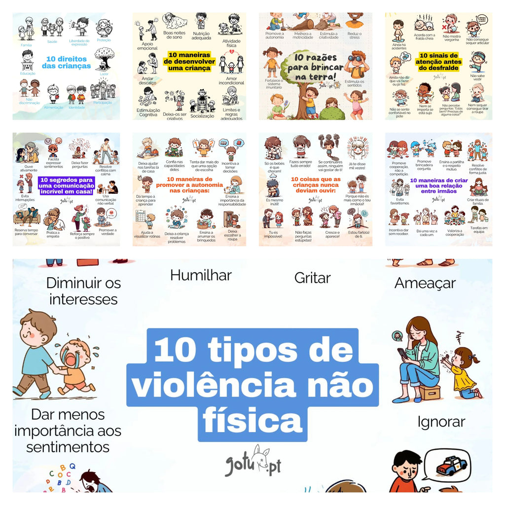 Imagem de uma montagem de 9 posters educativos sobre desenvolvimento e bem-estar infantil. Cada poster cobre um tema essencial como direitos das crianças, comunicação, autonomia e desenvolvimento.