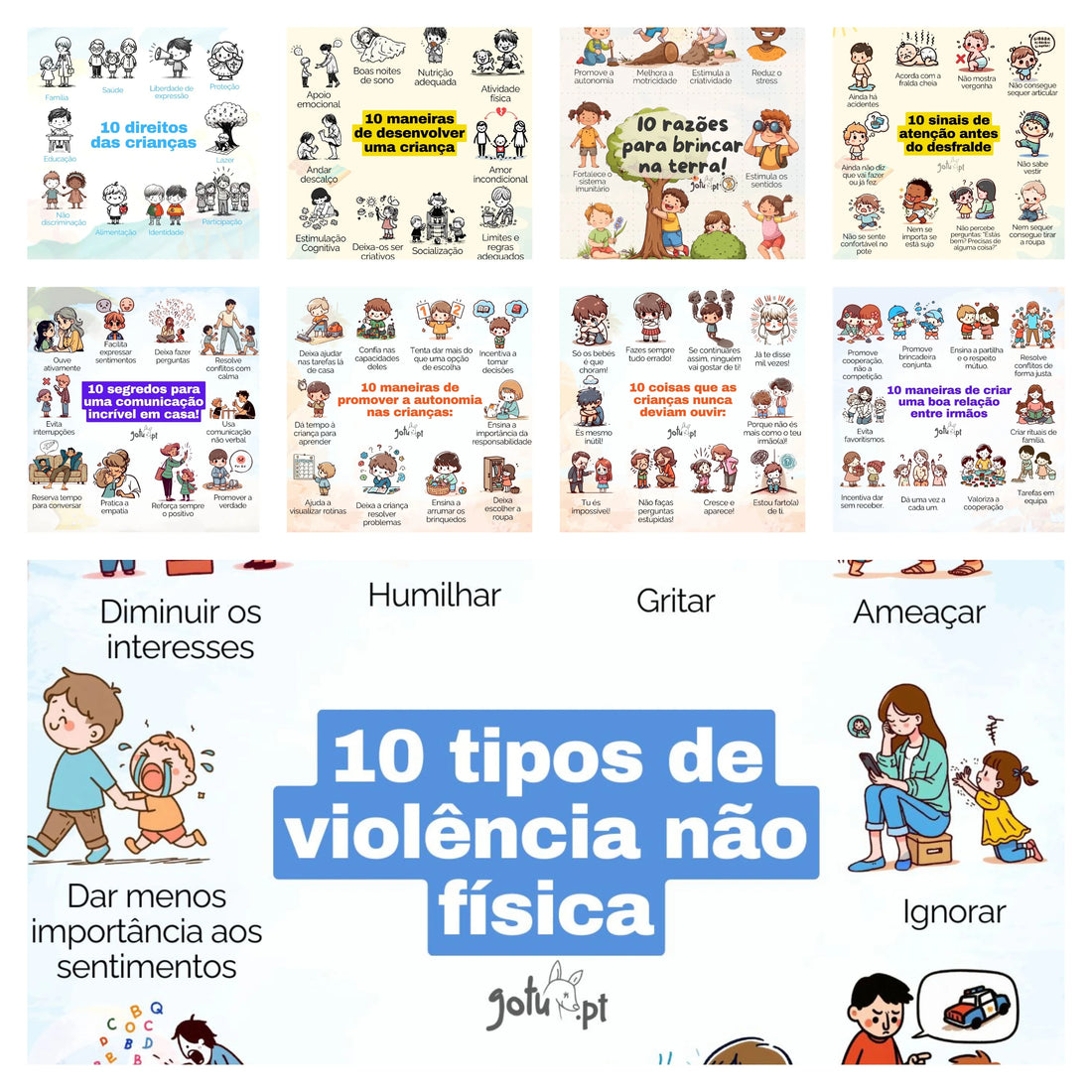 Imagem de uma montagem de 9 posters educativos sobre desenvolvimento e bem-estar infantil. Cada poster cobre um tema essencial como direitos das crianças, comunicação, autonomia e desenvolvimento.