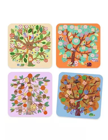 Visão geral dos quatro quadros diferentes que podem ser criados com o kit Djeco Actividades colagens - Quadros de Feltro.