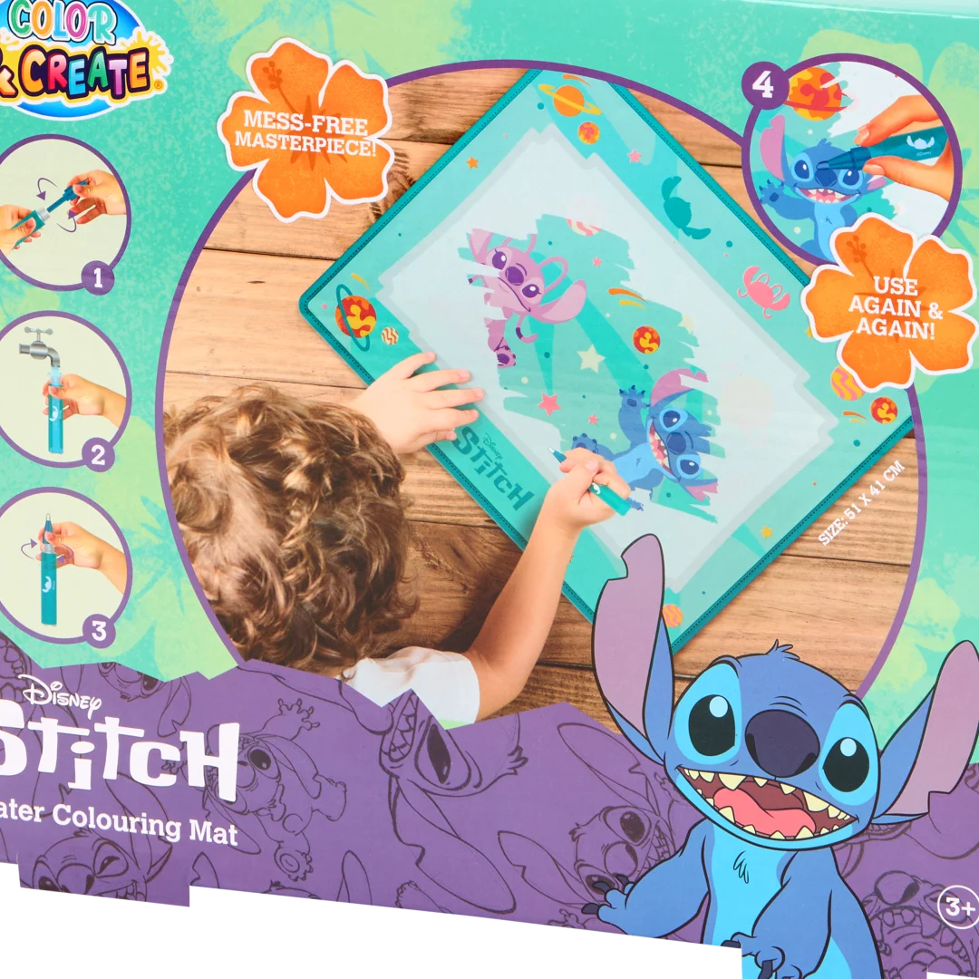Embalagem do quadro de pintar com água Stitch, mostrando uma criança a usar o tapete reutilizável e os passos de enchimento do marcador de água.