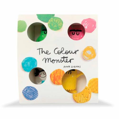Embalagem do conjunto de 4 figuras Comansi "O Monstro das Cores", mostrando a capa do livro com recortes circulares que revelam as figuras coloridas das emoções.