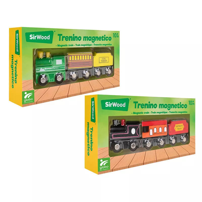 Comboio de madeira magnético SirWood com vagões coloridos, ideal para crianças desenvolverem a criatividade e coordenação motora.