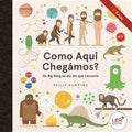 Ilustração colorida e vibrante do livro "Como Aqui Chegámos?", mostrando a evolução da vida desde o Big Bang até aos dias de hoje, com imagens de dinossauros, hominídeos e outros elementos visuais cativantes.