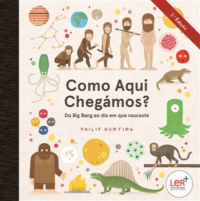 Ilustração colorida e vibrante do livro "Como Aqui Chegámos?", mostrando a evolução da vida desde o Big Bang até aos dias de hoje, com imagens de dinossauros, hominídeos e outros elementos visuais cativantes.