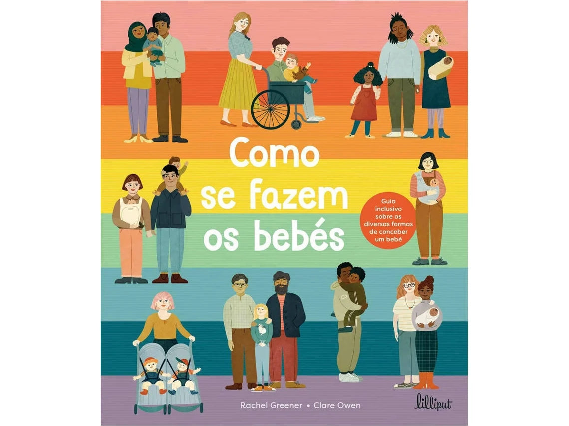 Ilustração colorida e inclusiva mostrando diversas famílias com bebés, representando diferentes estruturas familiares e etnias.