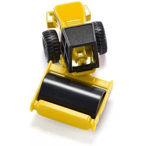 Vista aérea superior da miniatura do rolo compactador SIKU, mostrando a forma geral do veículo, o topo da cabine preta e a disposição do rolo frontal.