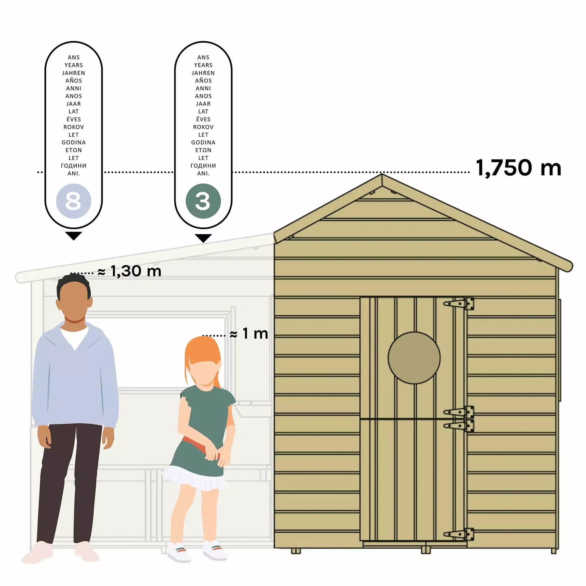 Comparação da altura da casinha Hacienda com a altura de uma criança, destacando o espaço interno e o conforto.