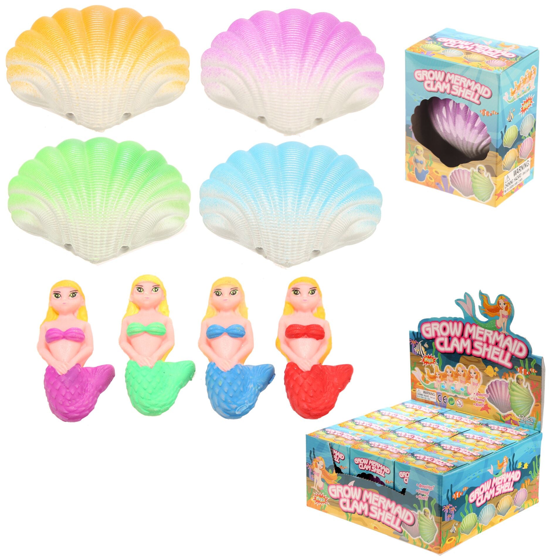 Conjunto de conchas e sereias coloridas, em diferentes tonalidades, apresentadas em caixa de exposição. Brinquedo para crianças a partir dos 3 anos.