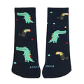 Par de meias Condor Barefoot azul-escuro com padrão tropical de crocodilos verdes e tucanos pretos.