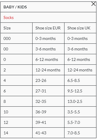 Tabela de tamanhos de meias Condor para bebé e criança, mostrando correspondência entre tamanho (000 a 14), tamanho de calçado EUR e tamanho de calçado UK.