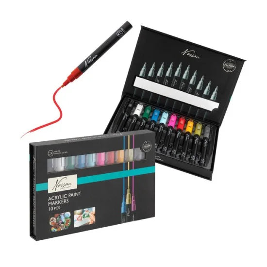 Conjunto de 10 marcadores acrílicos Nassau, com uma caneta vermelha a desenhar uma linha curva e a caixa aberta com todas as cores visíveis.