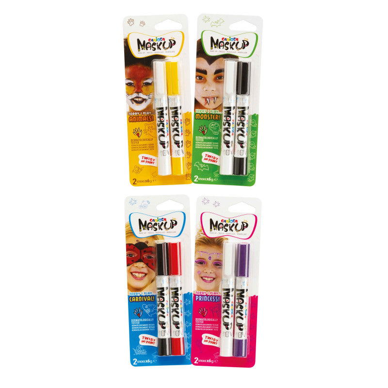 Quatro embalagens de lápis de pintura facial Carioca Mask Up (Animais, Monstro, Carnaval, Princesa) em conjunto de 2 sticks.