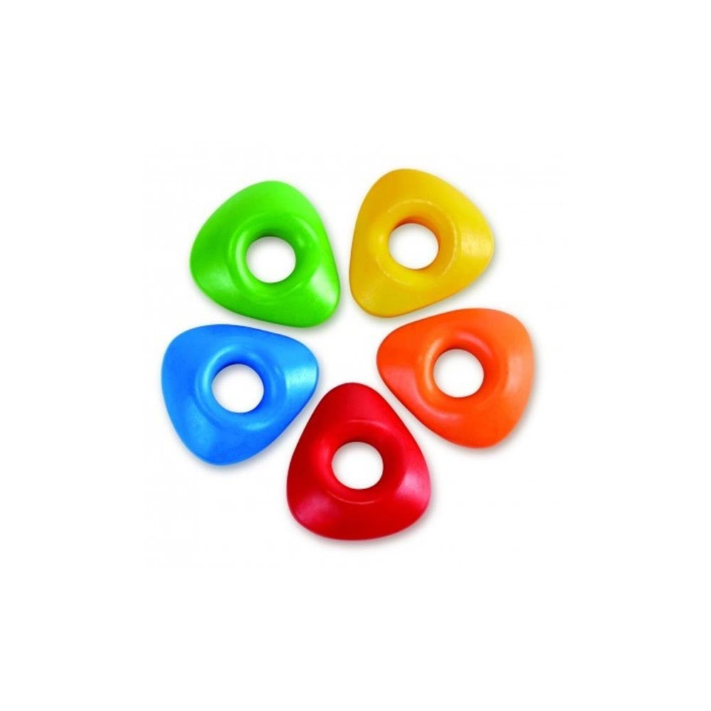 Conjunto de 5 lápis de cera Hape em formato de anel, nas cores verde, amarelo, laranja, vermelho e azul.