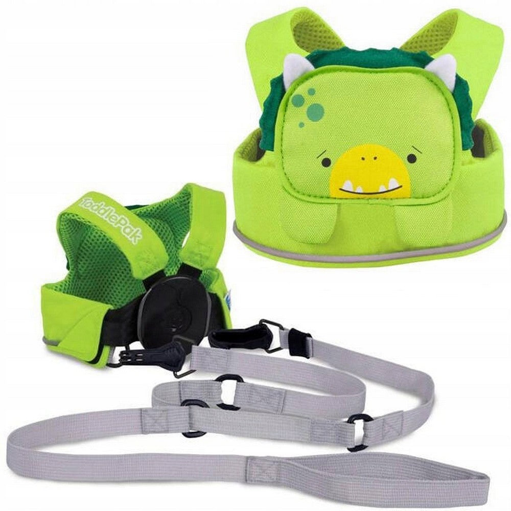 Conjunto completo do arnês Trunki ToddlePak, mostrando o arnês, a fita de segurança cinzenta e o mecanismo de enrolar a fita.