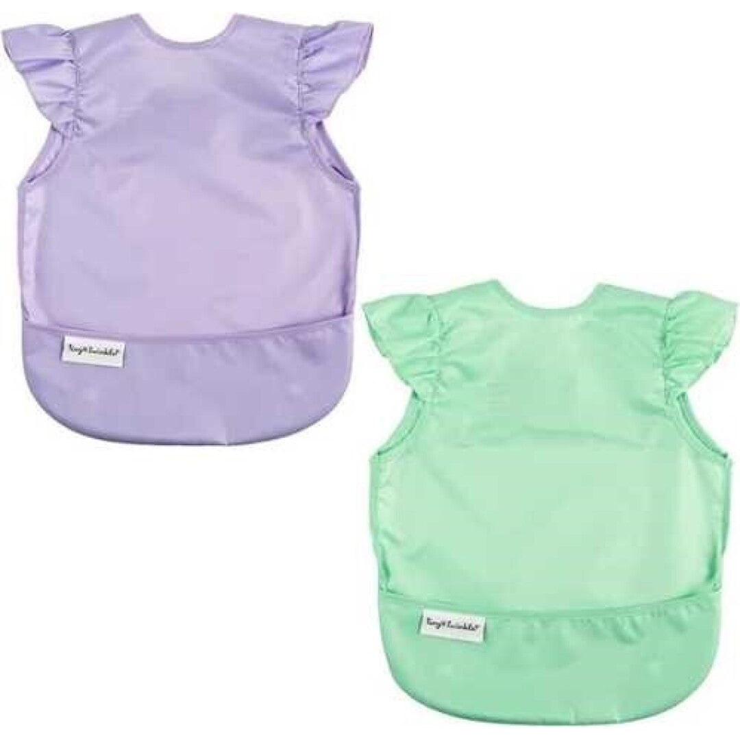 Conjunto de duas babetes Tiny Twinkle em lilás e menta com folhos decorativos.