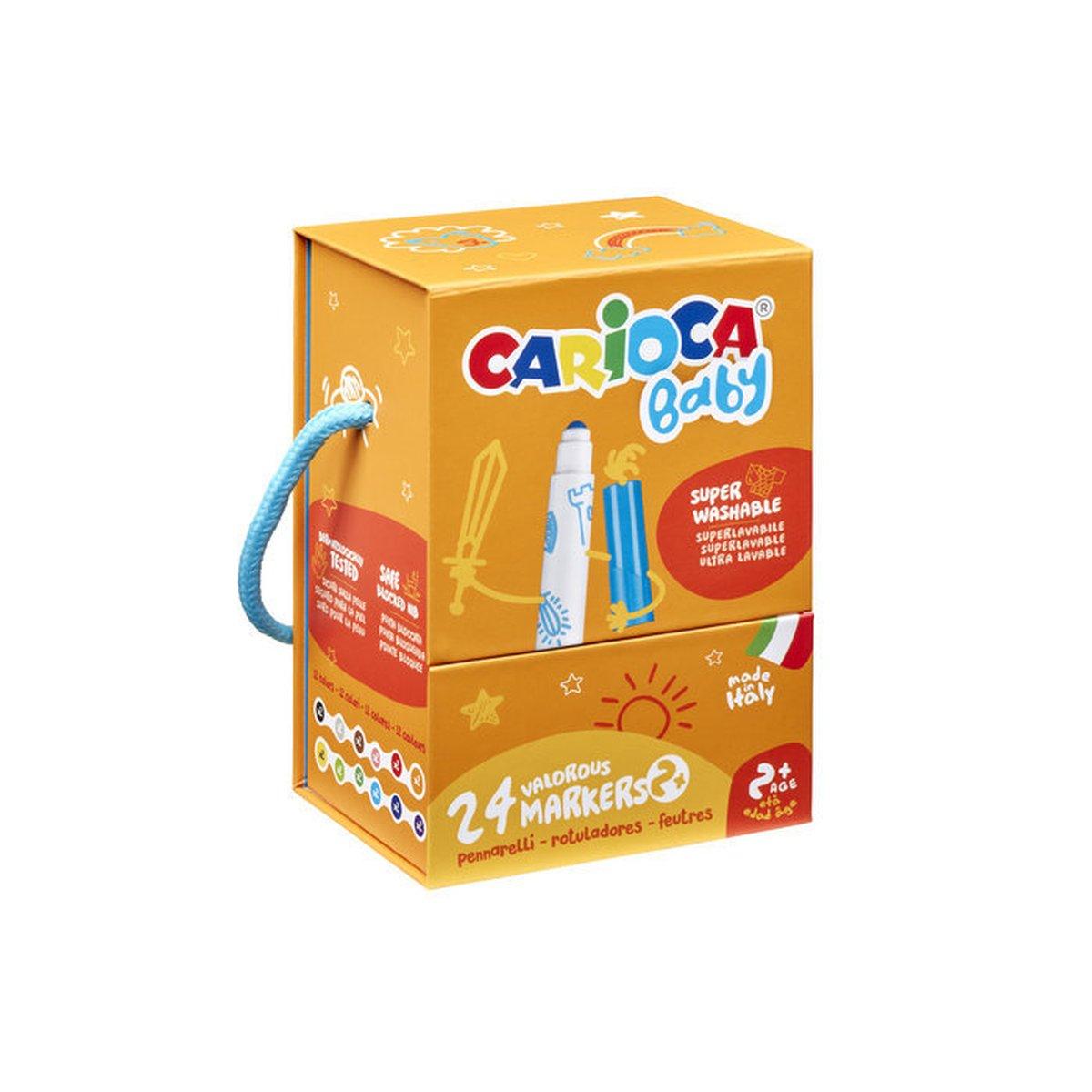 Marcador azul Carioca Baby com ícones de cores.