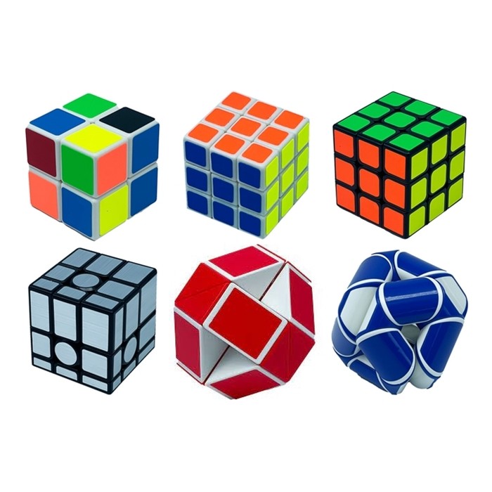 Conjunto de seis cubos mágicos de diferentes tamanhos e cores, exibidos em linha, mostrando a variedade do conjunto.