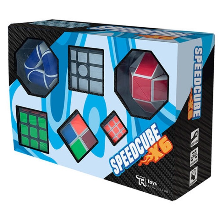 Conjunto de seis cubos mágicos Speedcube X6 da Toys Revolution, numa caixa colorida e atrativa.