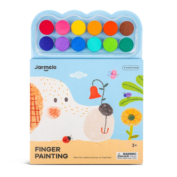 Embalagem azul clara do conjunto de pintura a dedo Jarmelo com 12 cores redondas de tinta e a capa do livro a mostrar um animal desenhado com impressões digitais.