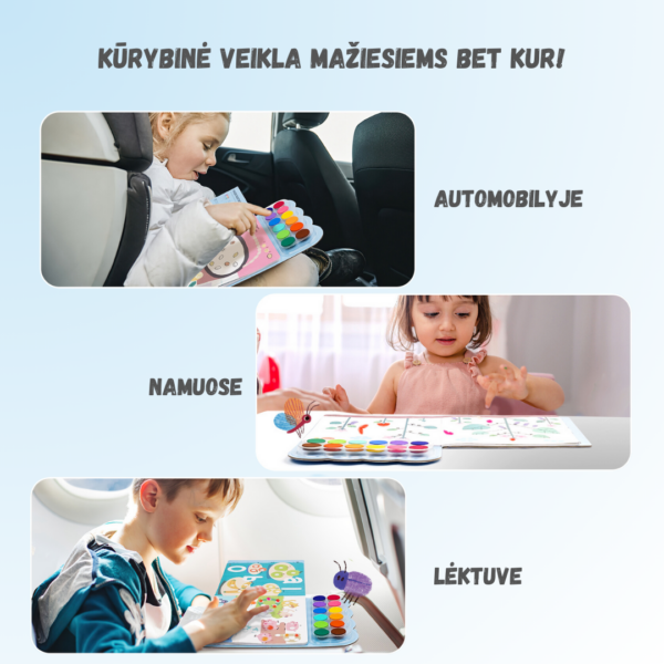 Três cenários de utilização do kit de pintura: criança a pintar no carro, criança a pintar em casa e criança a pintar num avião.