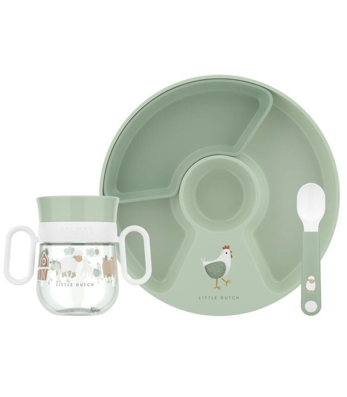 Conjunto de refeição infantil Little Dutch e Mepal na cor verde sálvia, composto por um copo de aprendizagem transparente com asas, um prato dividido e uma colher, todos com ilustrações de animais da quinta.