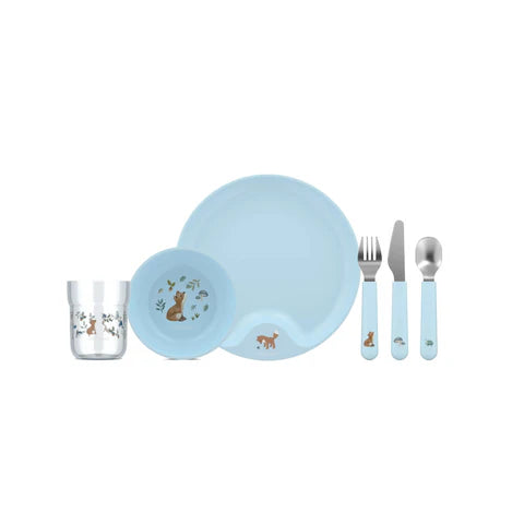 Conjunto de refeição infantil Little Dutch Forest Friends com prato, taça, copo e talheres.