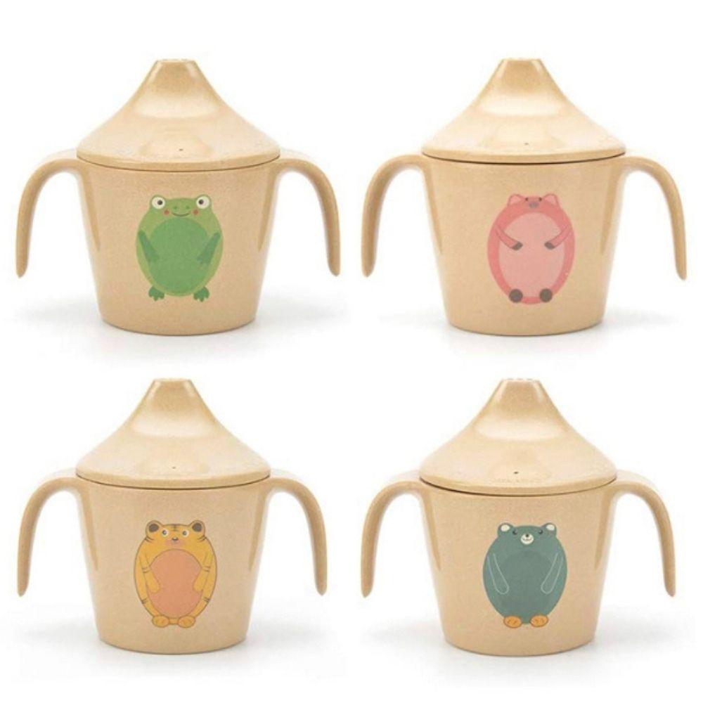 Conjunto de quatro taças de transição em fibra de arroz bege da Husk's Baby, cada uma com um desenho de animal diferente (sapo, porco, urso amarelo e urso azul).