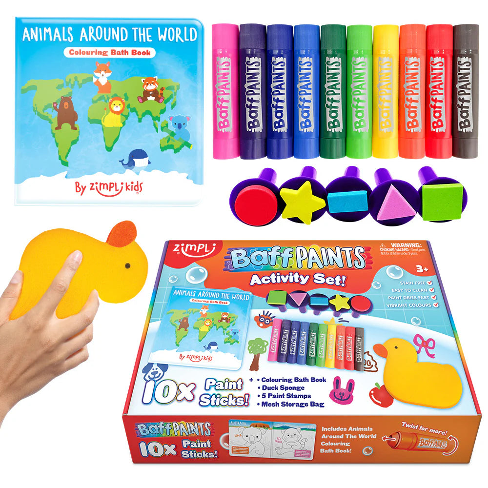 Imagem principal do conjunto de tintas de banho Baff Paints, mostrando os 10 bastões, o livro de colorir, os carimbos, a esponja de pato e a caixa de arrumação.