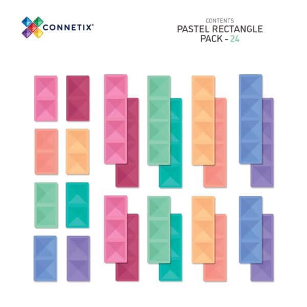 Disposição dos 24 blocos Connetix Pastel Rectangle incluídos no conjunto, mostrando os três tamanhos e cores.