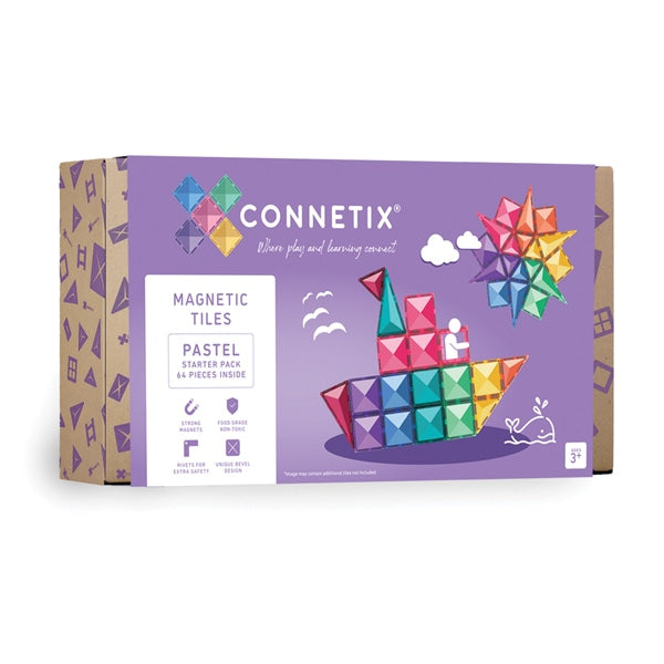 Caixa do Connetix Jogo Blocos Magnético Pastel Starter 64 pc com ilustração de barco e estrela feitos com os blocos.