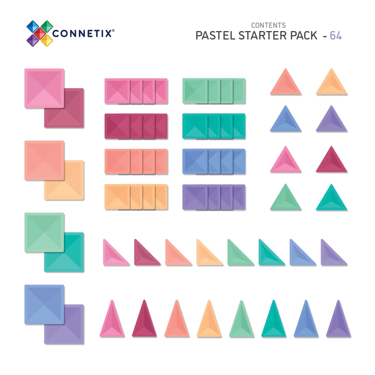 Imagem que mostra todos os 64 blocos magnéticos Connetix Pastel incluídos no conjunto, organizados por forma e cor.