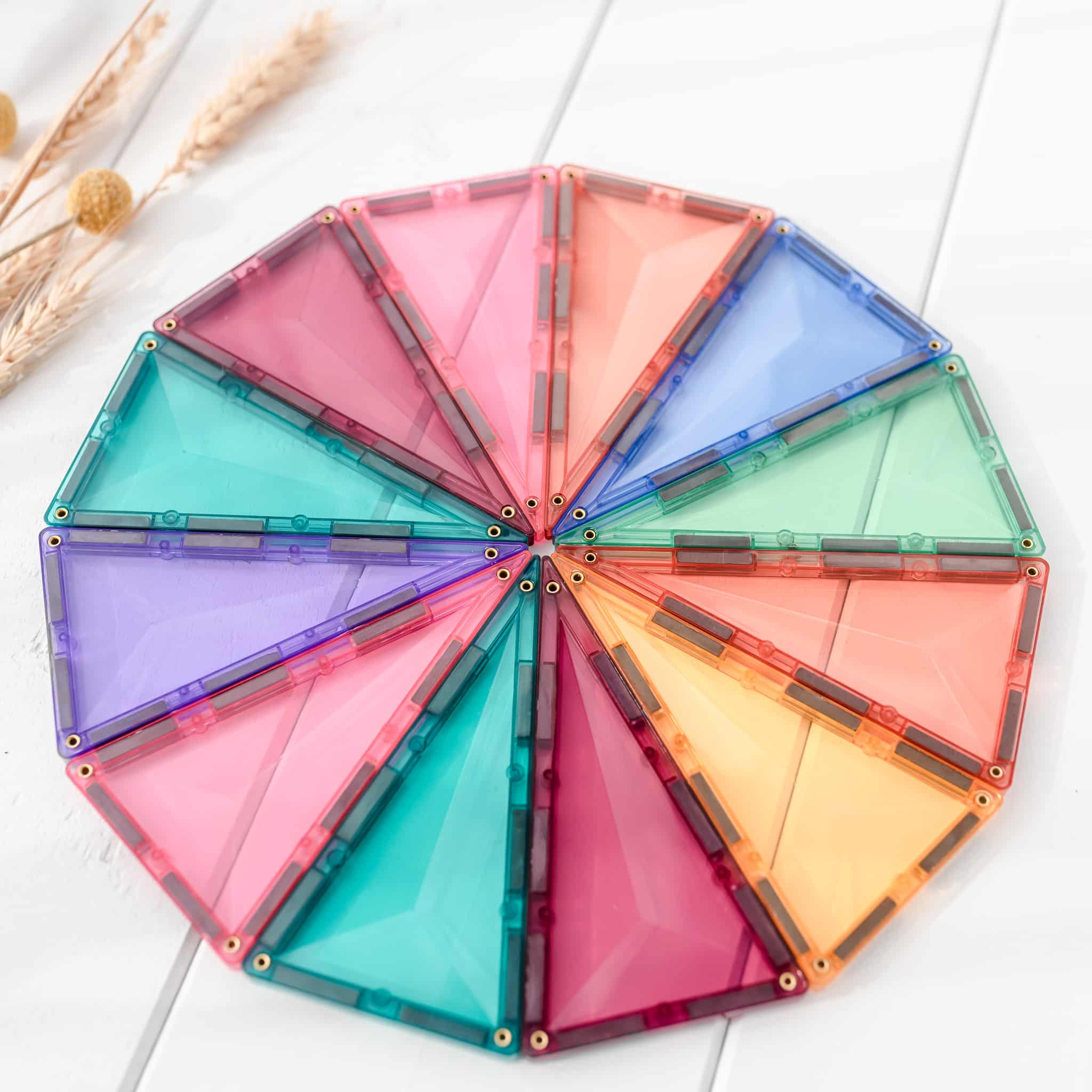 Conjunto de azulejos magnéticos Connetix em tons pastel, dispostos em forma circular sobre superfície branca, exibindo cores variadas.