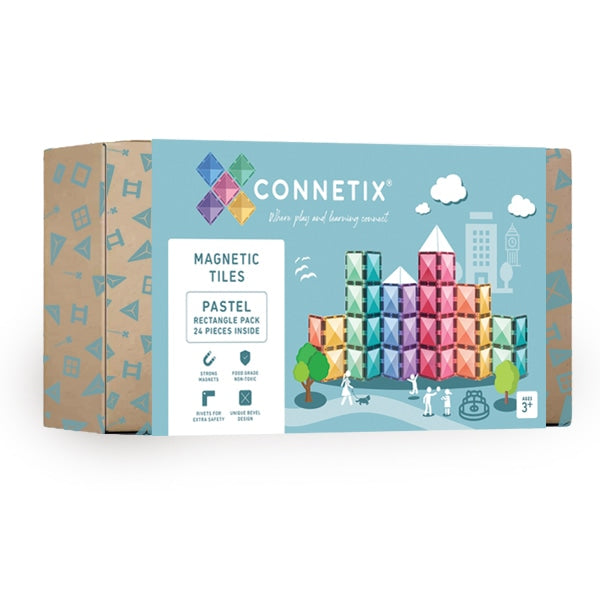 Caixa do Connetix Jogo blocos Magnético Pastel Rectangle 24 pc com ilustração de construção e detalhes do produto.
