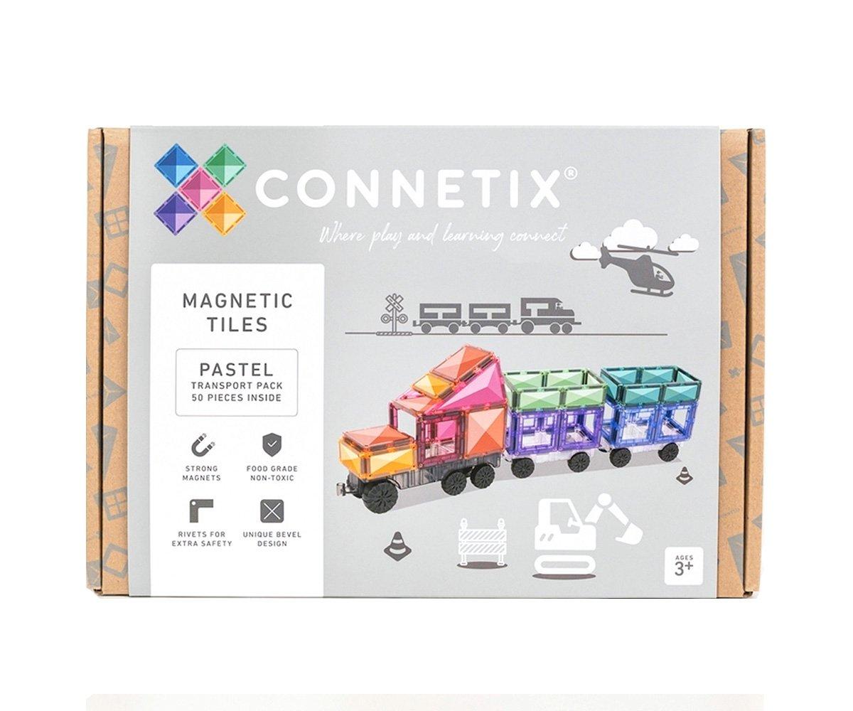 Connetix Jogo blocos Magnético Pastel Transport 50 pc na caixa, mostrando um camião e comboio coloridos.