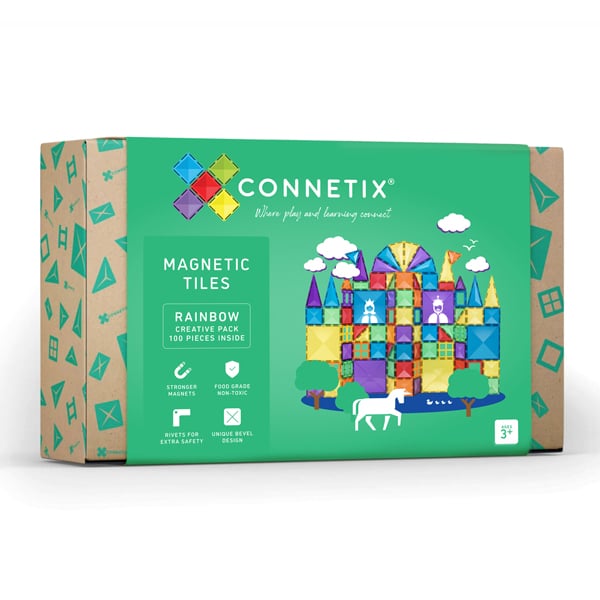 Caixa do Connetix Jogo blocos Magnético Rainbow Creative 102 pc, mostrando o produto e caraterísticas.