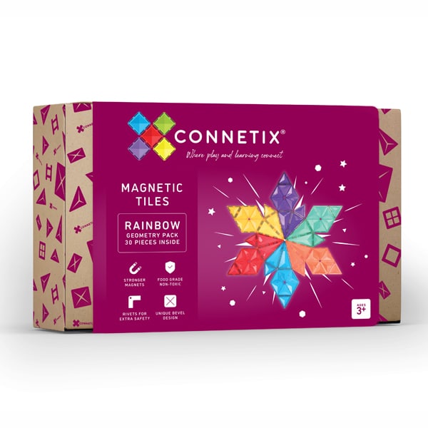 Caixa do conjunto Connetix Jogo blocos Magnético Rainbow Geometry 30 peças, mostrando o conteúdo e características principais.