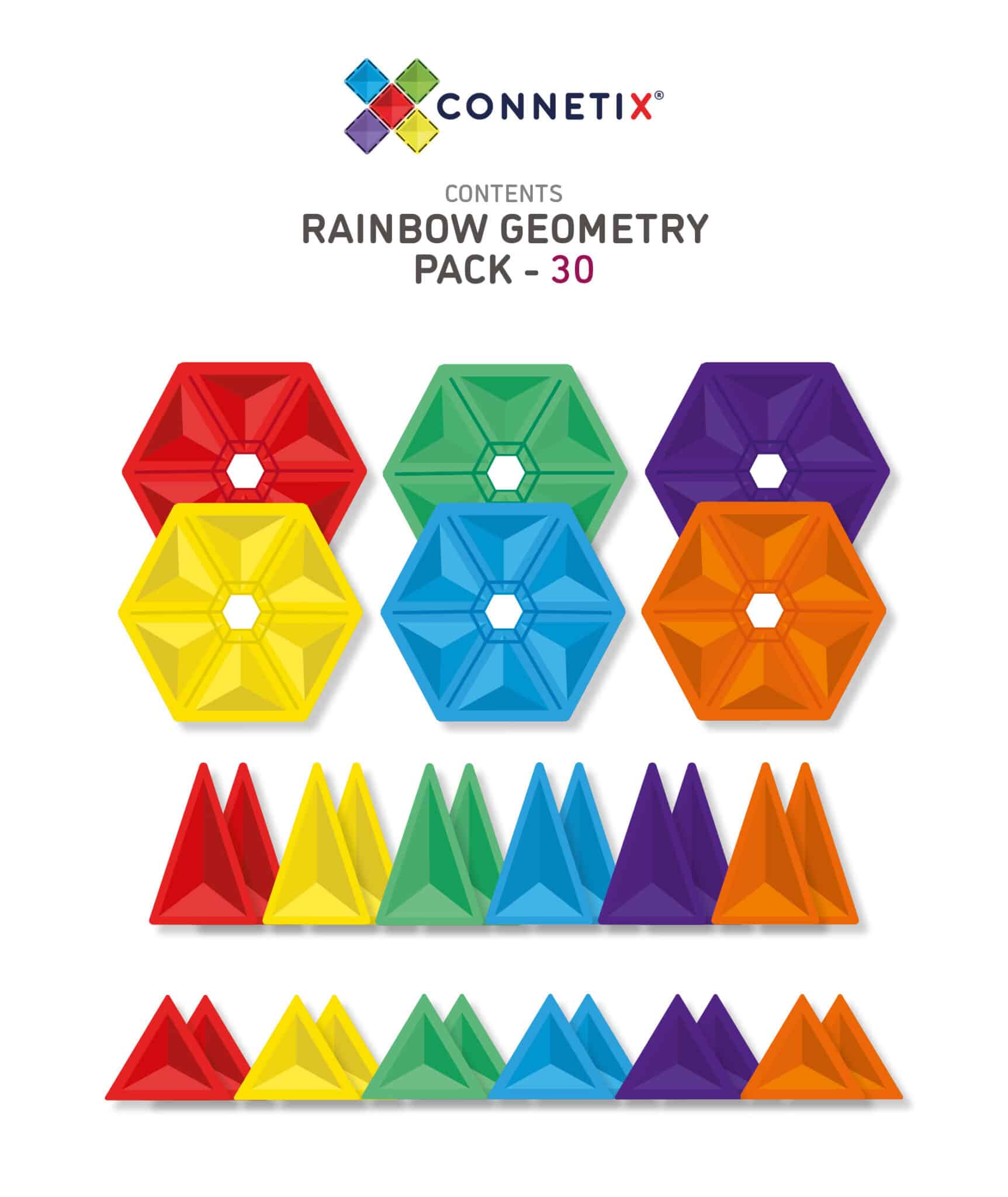 Conteúdo da embalagem do set Connetix Rainbow Geometry: 6 hexágonos, 12 triângulos equiláteros e 12 triângulos isósceles.