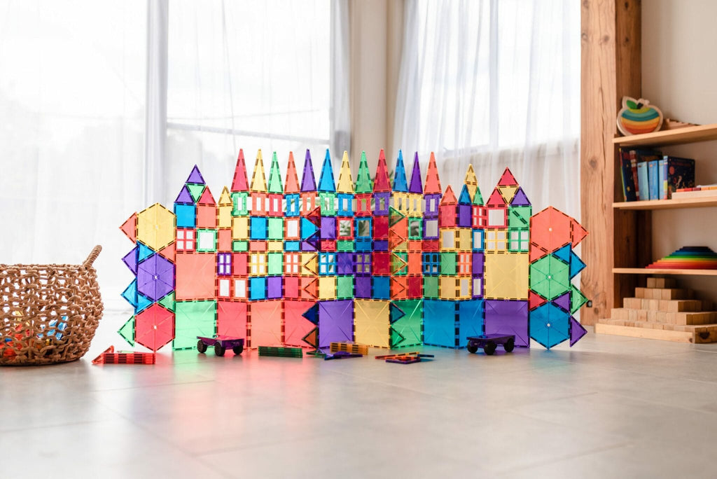 Cidade colorida e complexa construída com blocos magnéticos Connetix transparentes, incluindo casas e veículos, em sala de estar.