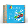 Caixa do set Connetix Magnetic Tiles Rainbow Motion 24 peças com ilustrações de veículos e animais de quinta e selos de qualidade.