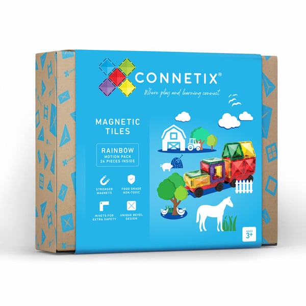 Caixa do set Connetix Magnetic Tiles Rainbow Motion 24 peças com ilustrações de veículos e animais de quinta e selos de qualidade.