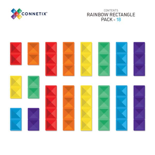 Ilustração do conteúdo do Connetix Jogo de Blocos Magnéticos Rainbow Rectangle 18 pc, com os diferentes retângulos coloridos.