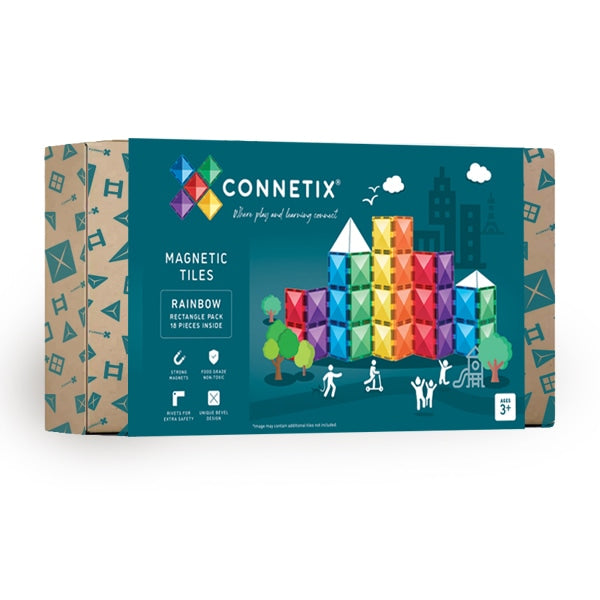 Embalagem do Connetix Jogo de Blocos Magnéticos Rainbow Rectangle 18 pc, mostrando as cores vibrantes e a versatilidade do conjunto.