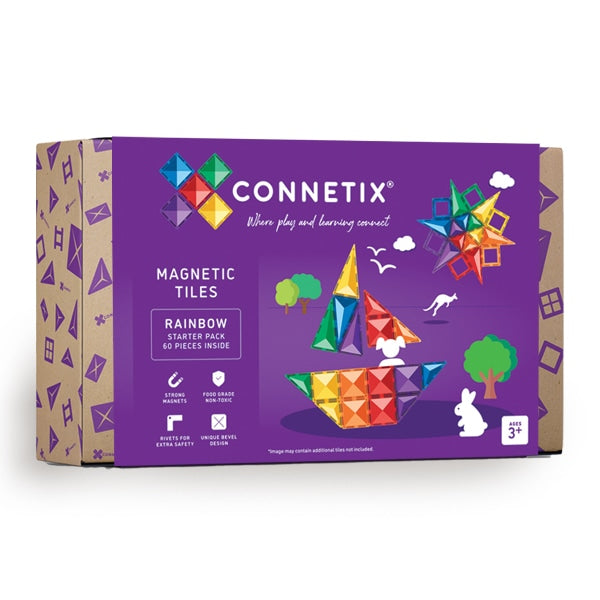 Caixa do Connetix Magnetic Tiles Rainbow Starter Pack 60 Pieces Inside.