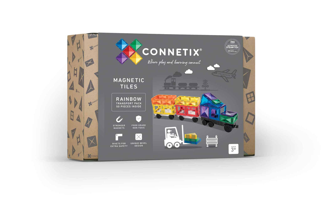 Caixa do Connetix Jogo blocos Magnético Rainbow Transport 50 pc com imagem do set montado.