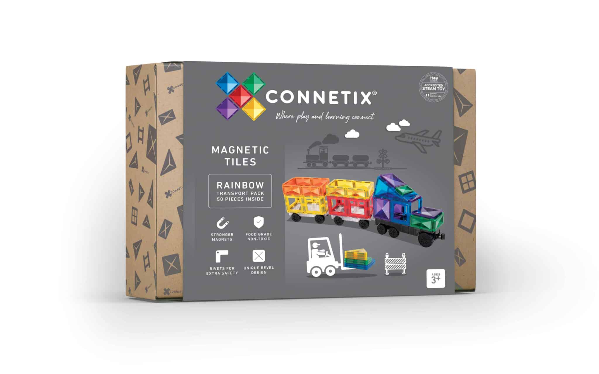 Caixa do Connetix Jogo blocos Magnético Rainbow Transport 50 pc com imagem do set montado.