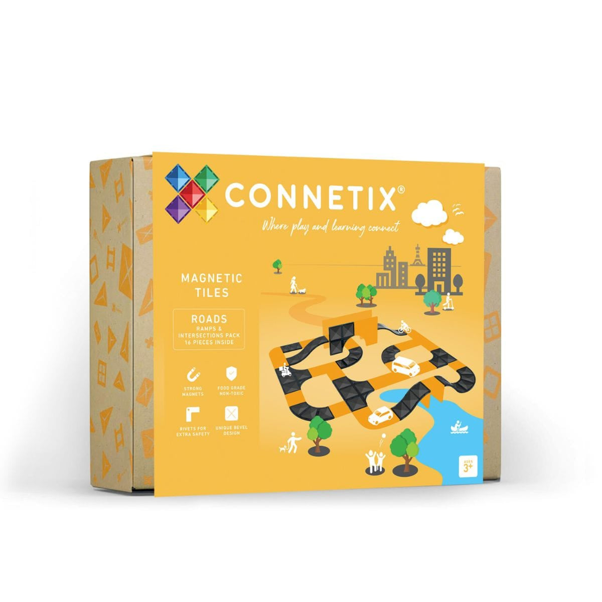 Caixa do Connetix Jogo blocos Magnético Ramps & Intersections Pack 16 peças, destacando "NEW" e conteúdo.