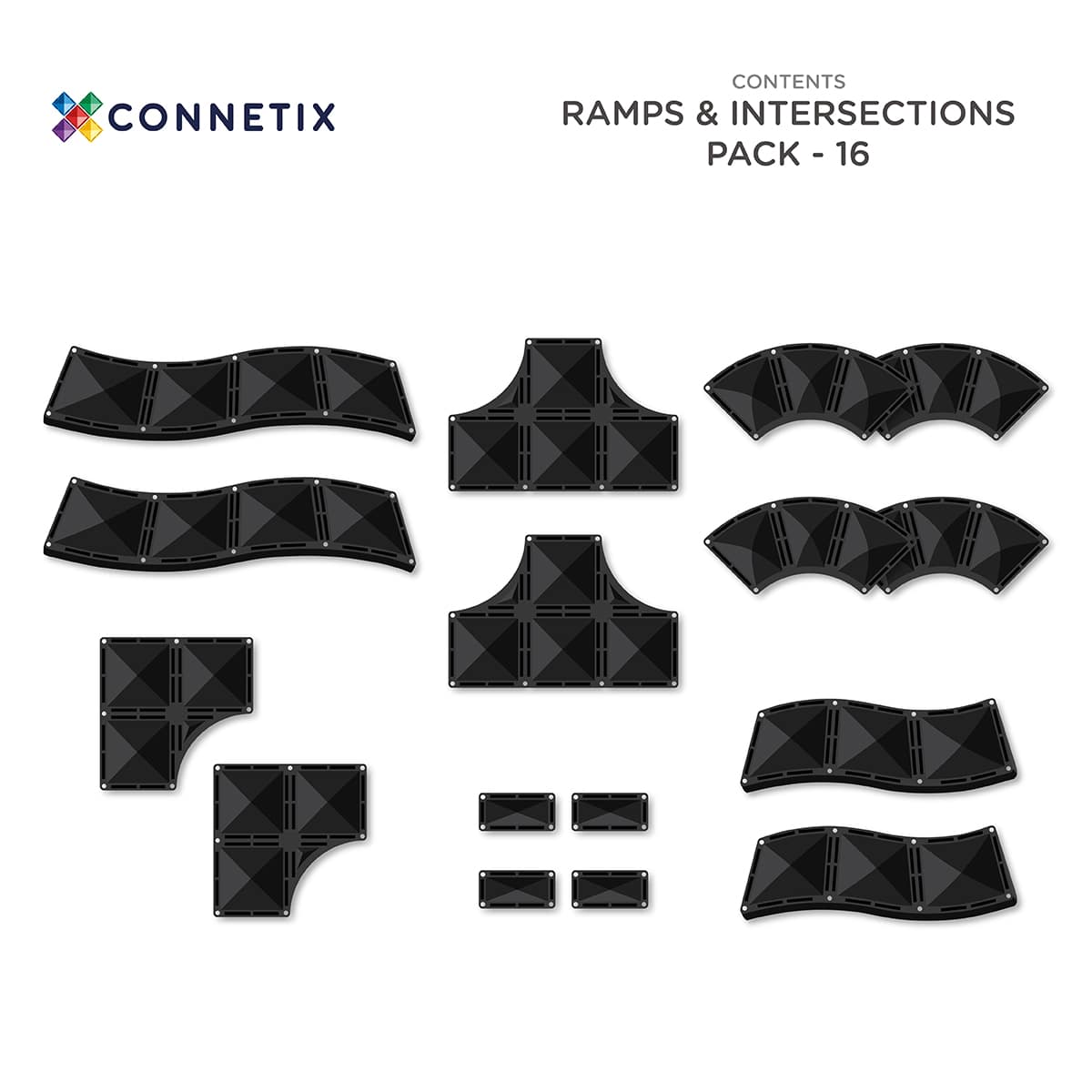 Apresentação das 16 peças incluídas no Connetix Ramps & Intersections Pack.